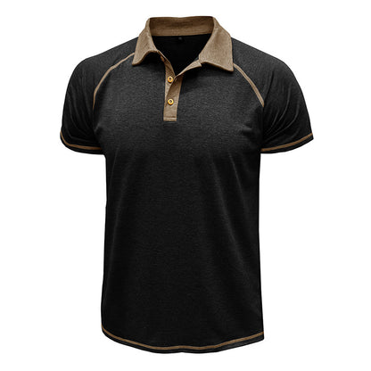 Men Summer Lapel Henry T-Shirt With Short Sleeves Black