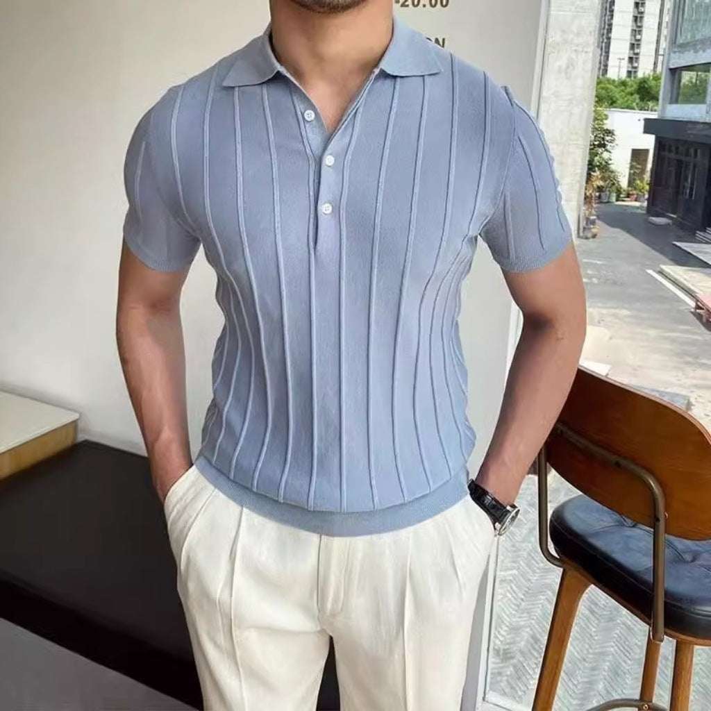 Solid-color collarless pullover knit sweater for men Light Blue