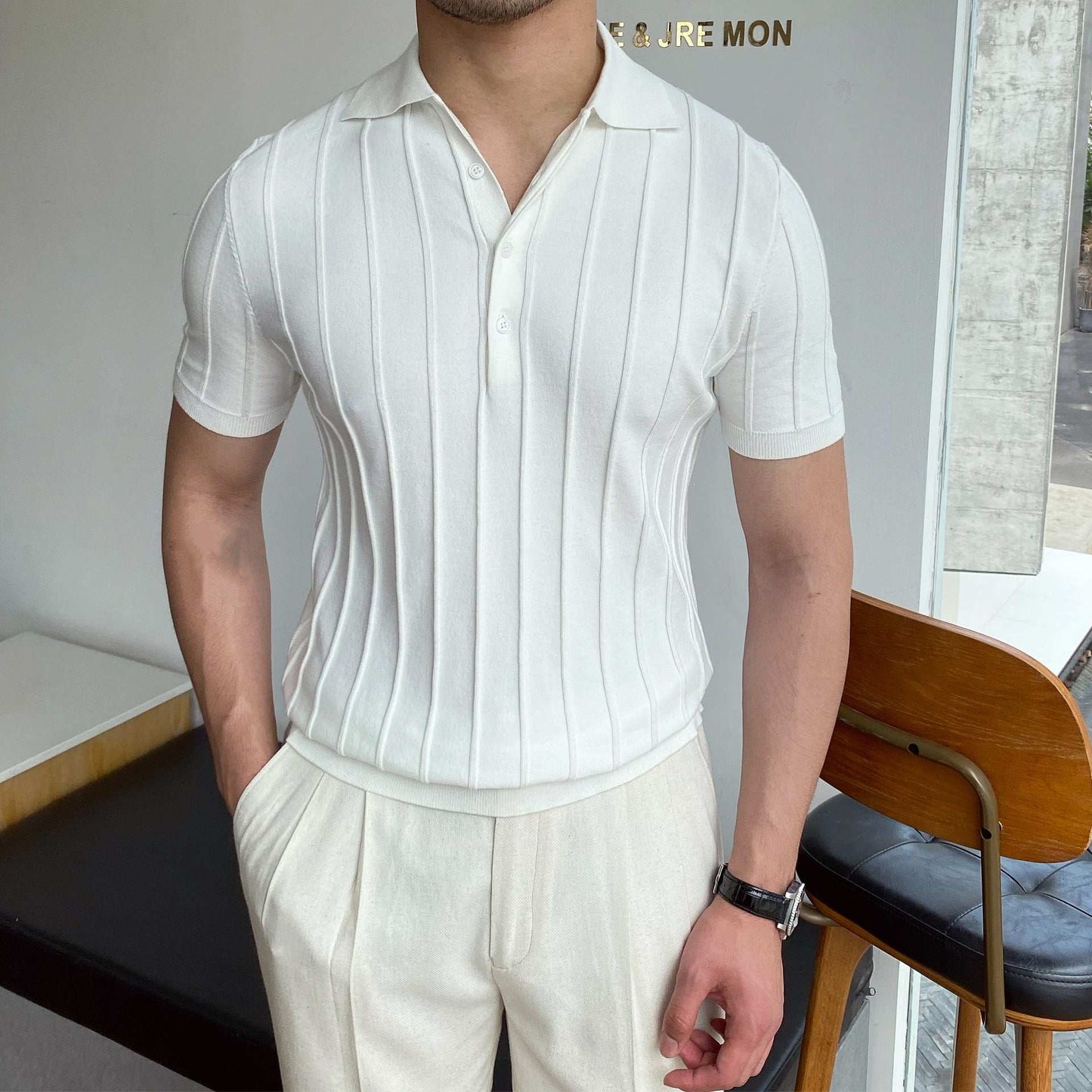 Solid-color collarless pullover knit sweater for men White