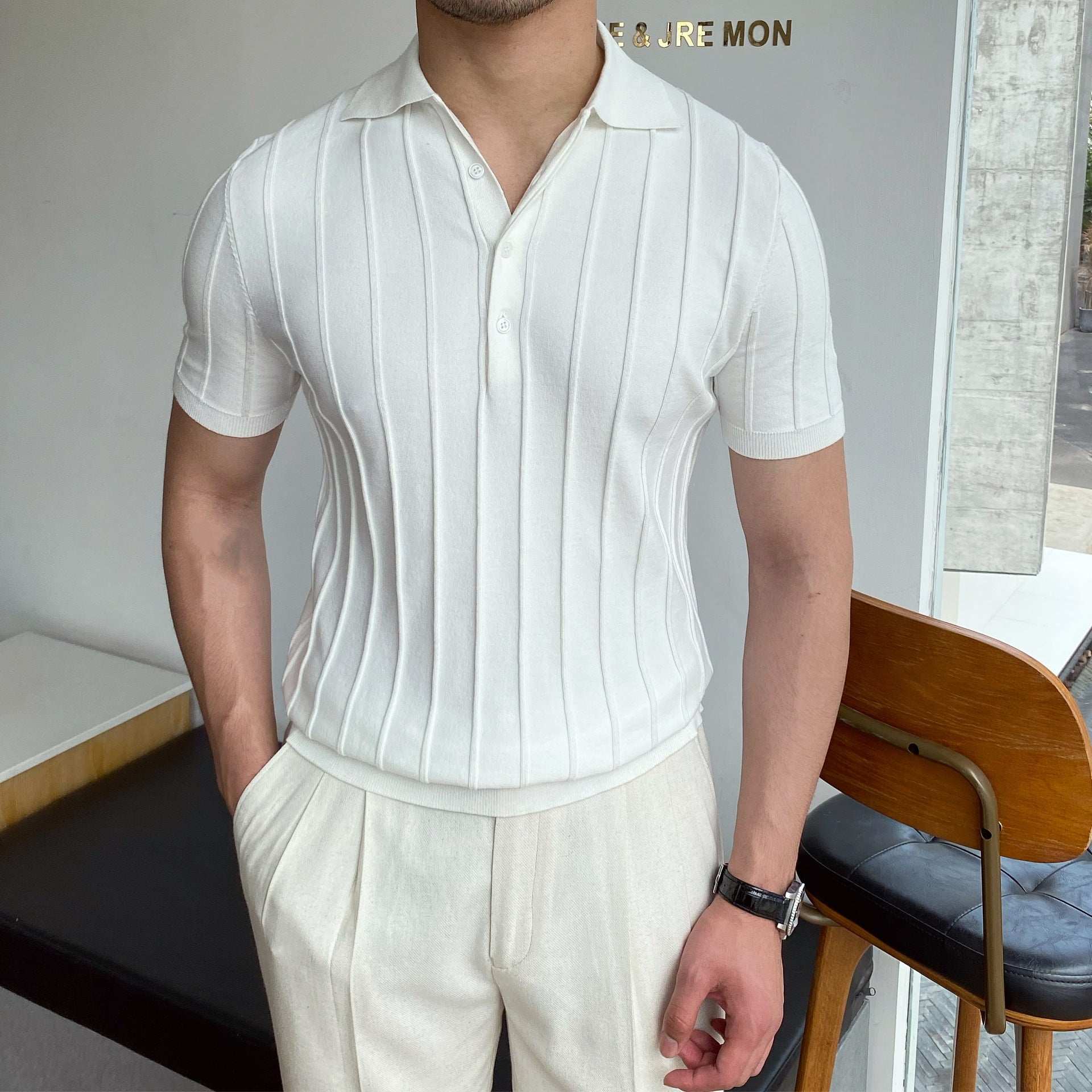 Solid-color collarless pullover knit sweater for men White