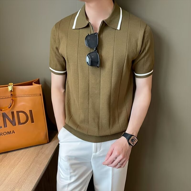 Summer lapel casual knitted sweater Green