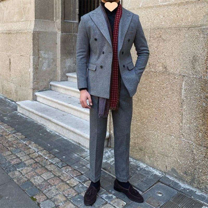 Men's Slim Fit Double Breasted Houndstooth Jacket Gray